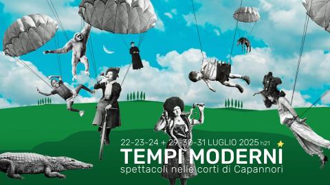 tempimoderni affiche 2025 des gens font voler des parapluies au-dessus d'une colline