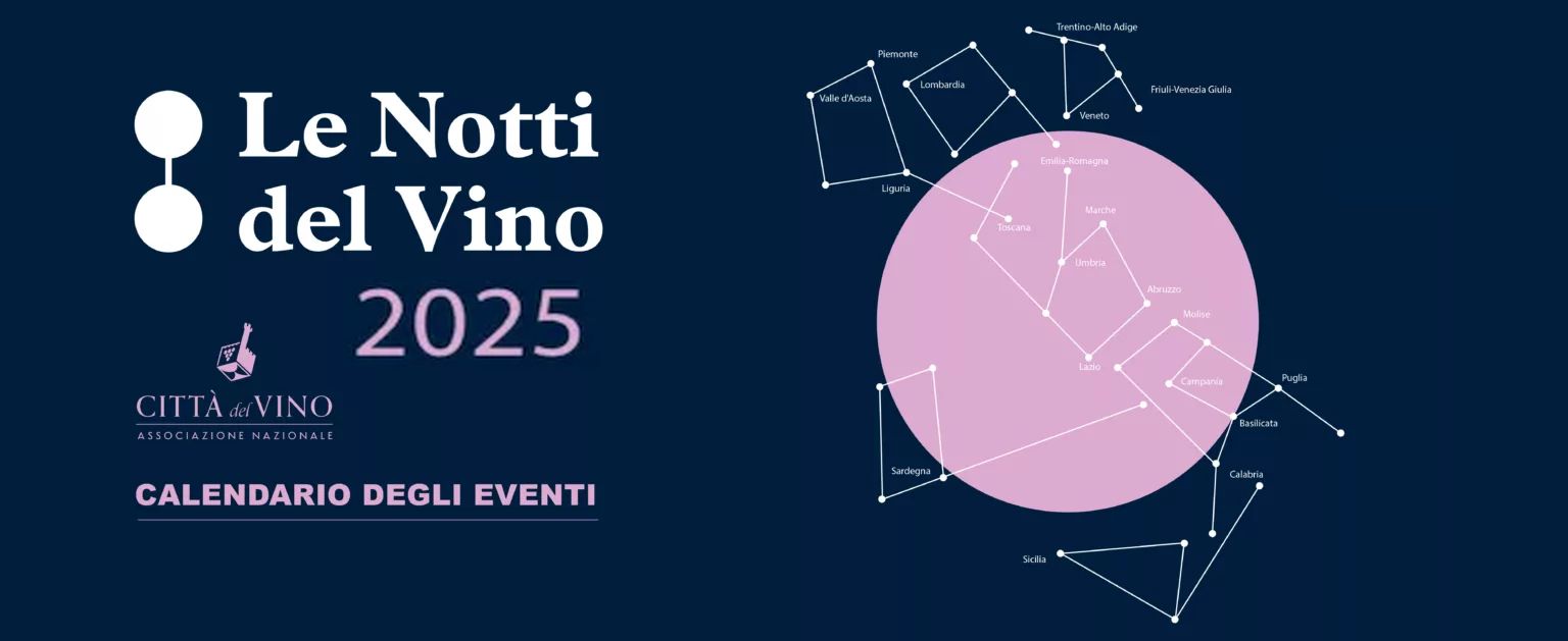 visual notti del vino - una luna rosa in un cielo blu e le città del vino d'italia congiunte come fossero costellazioni