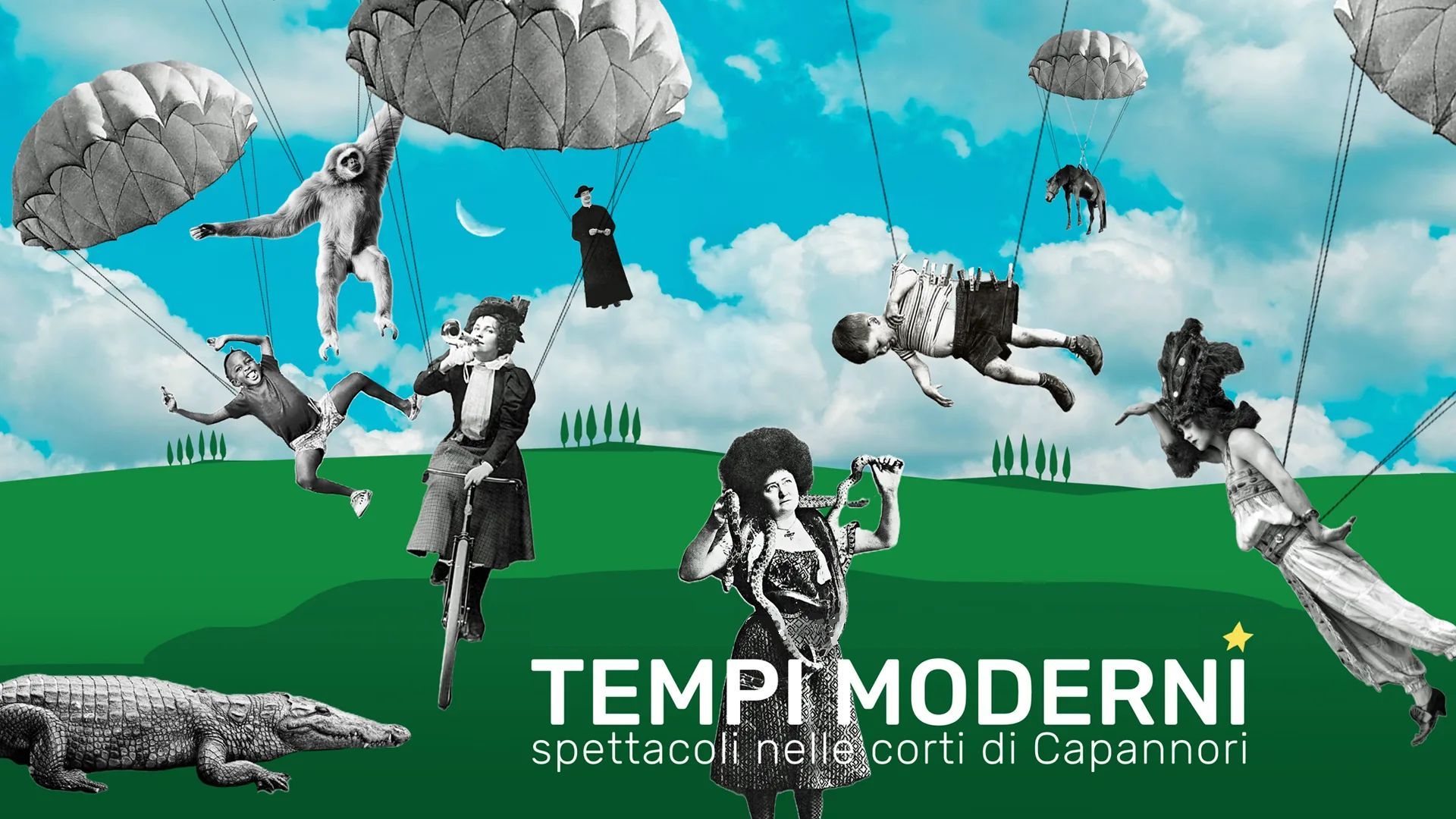 tempimoderni locandina 2025 persone volano con ombrelli su una collina