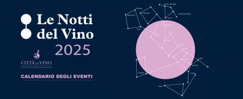visual notti del vino - una luna rosa in un cielo blu e le città del vino d'italia congiunte come fossero costellazioni